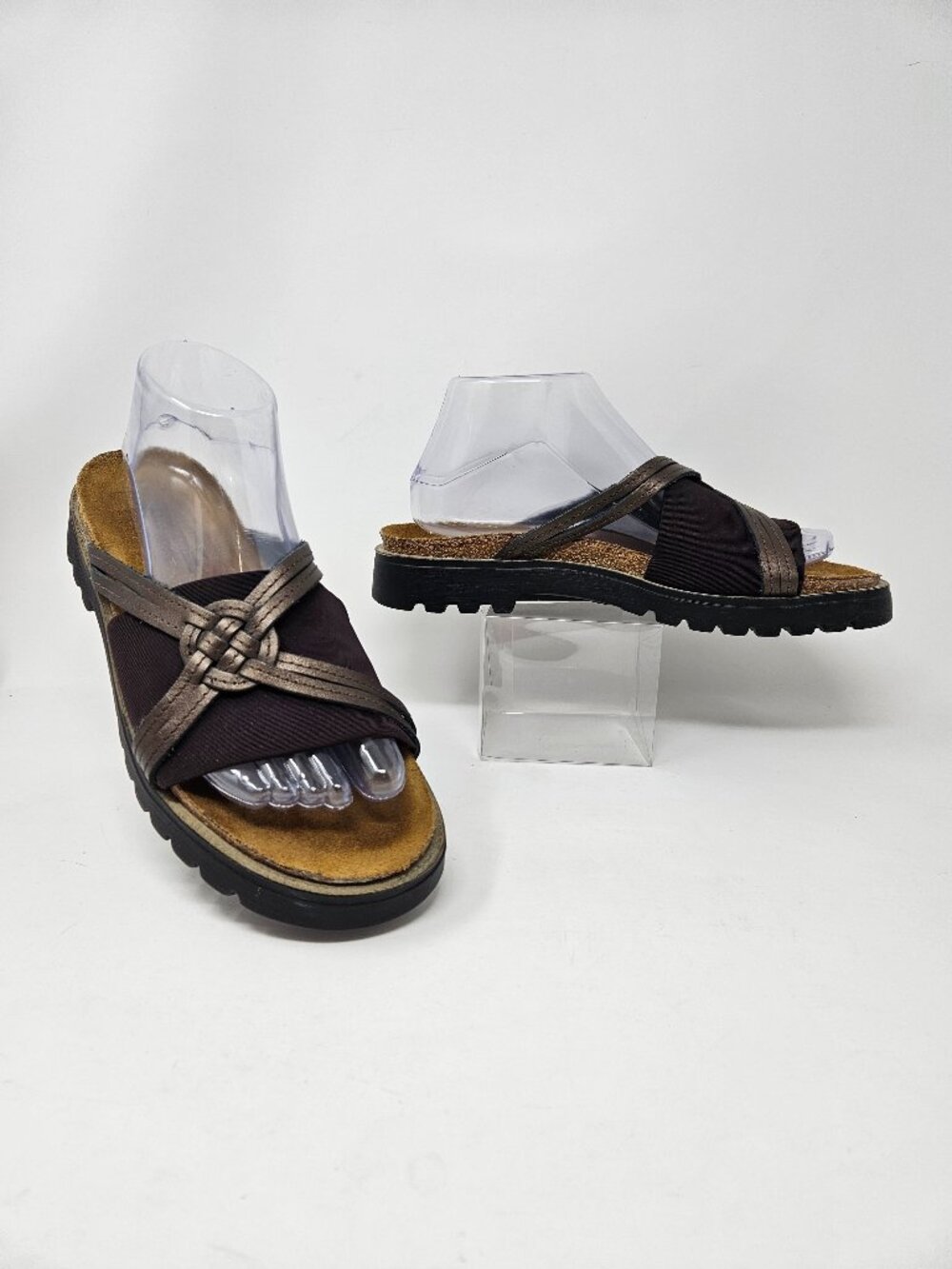 Naot Womens Size EU 40 US 9 Brown Leather/Fabric Slip On Slides Lug Sole Sandals